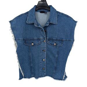 Denim Vest Sleeveless Jacket Frayed Raw Hem Button Up Oversized Y2K Biker Size S